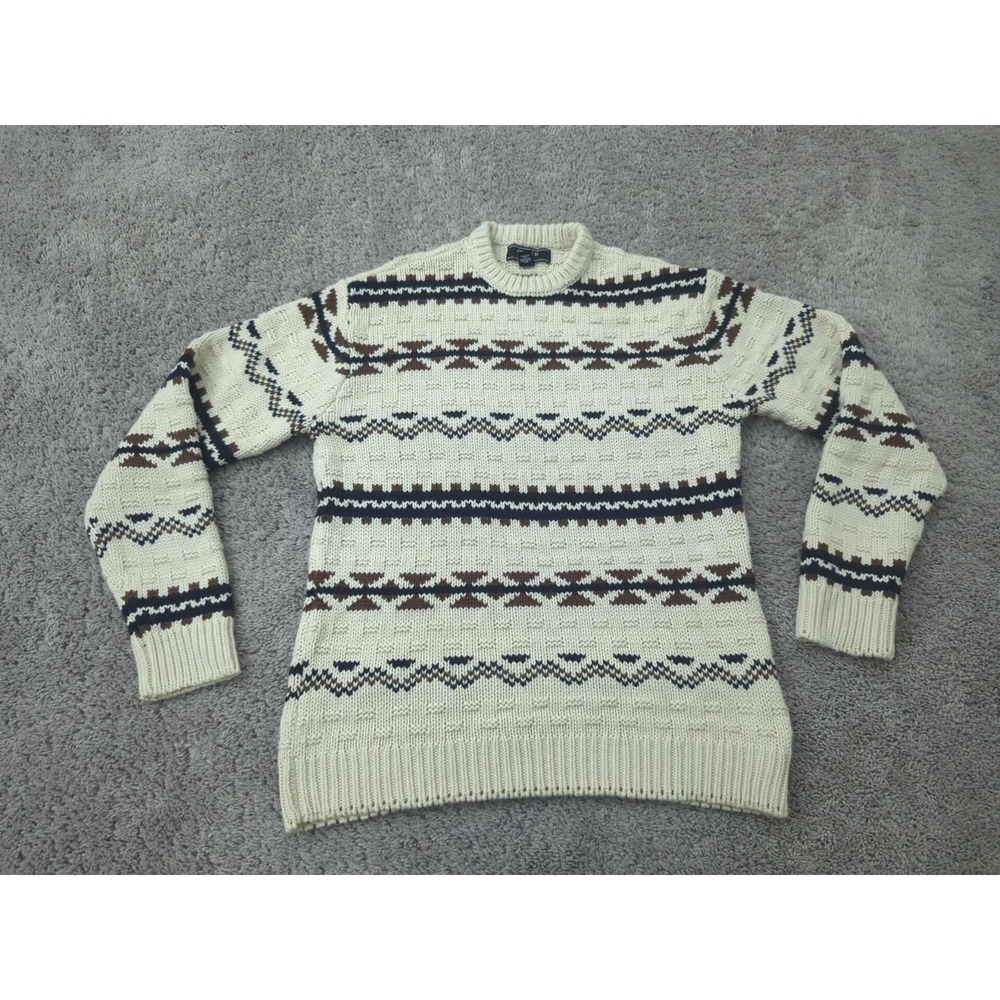 Forever 21 Sweater Mens M Cream Fair Isle Pullover Crewneck Chunky Knit